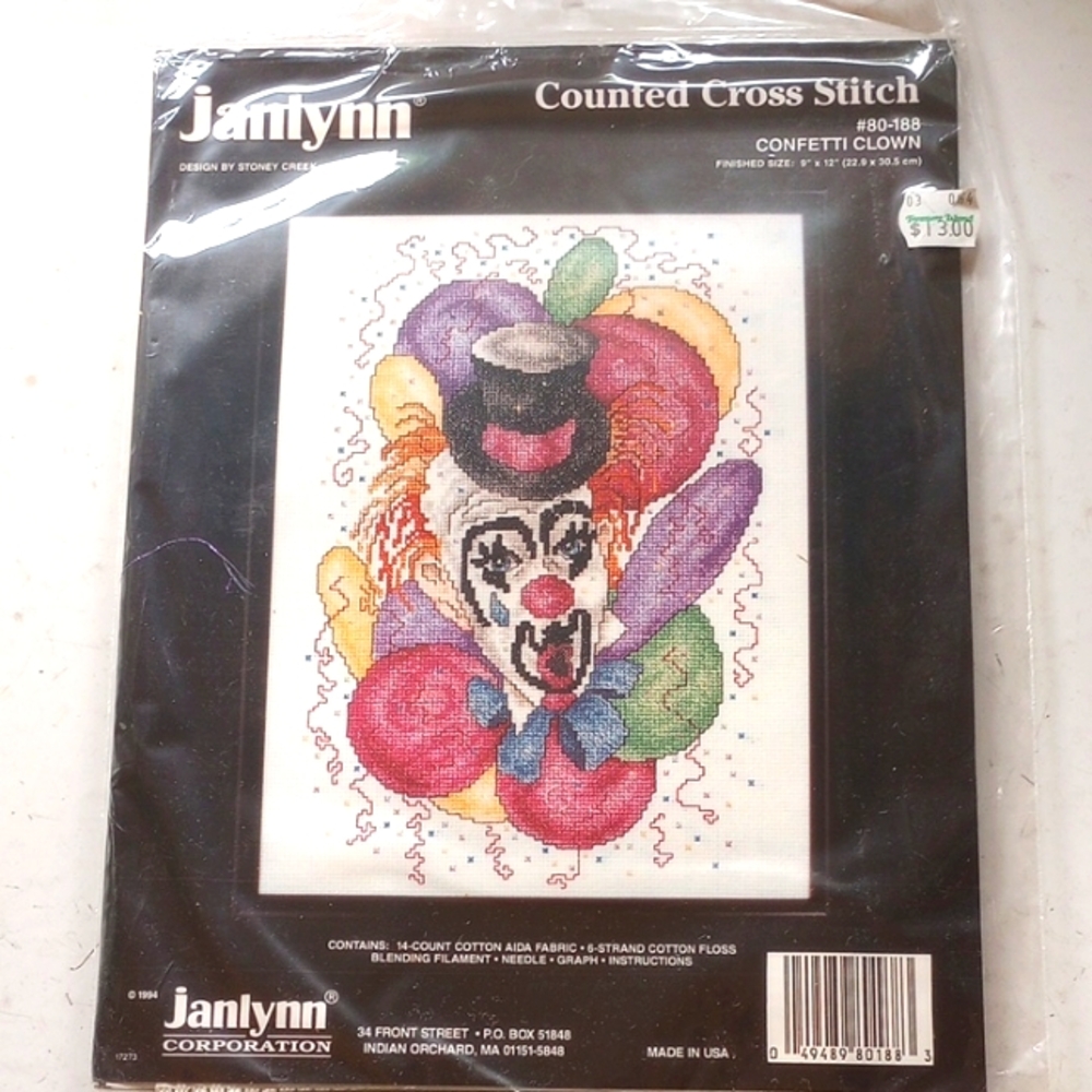 NWT Confetti Clown Counted Cross Stitch Sampler Kit, Janlynn 80-188